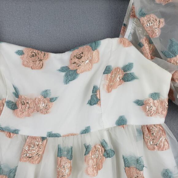 Altar'd State Size XS Floral Chiffon Puff Sleeve Mini Dress Pink Rosette Fairy - Picture 2 of 10